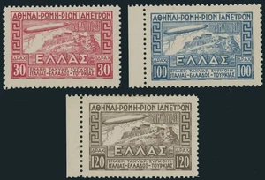 1933, GREECE-AIR POST, ZEPPELIN ISSUE 30D, 100D and 120D, COMPLETE SET, NH/VLH - Picture 1 of 2