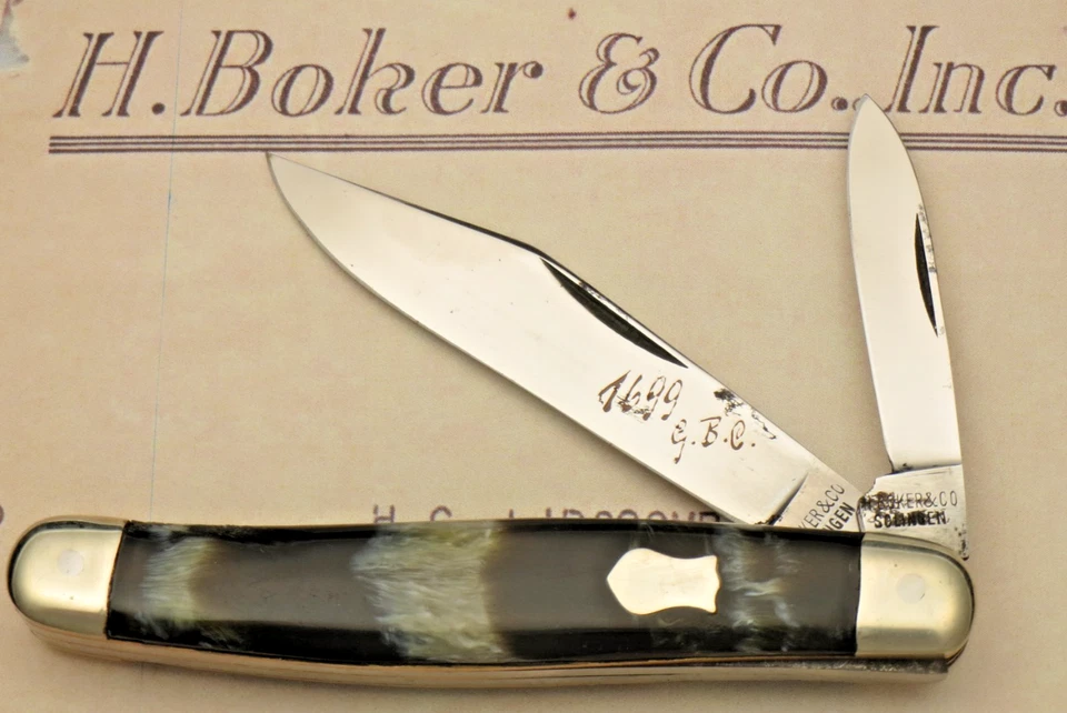 Antiguo H BOKER & CO SOLINGEN Cuchillo Jack Grande Manijas Cuerno de Búfalo Muestra de Ventas Foto 1 de 4