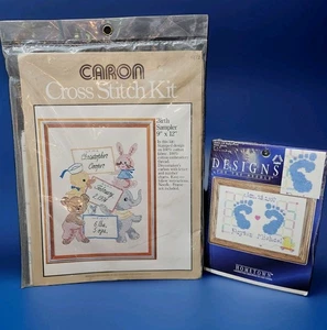 Lote de 2 kits de punto de cruz de bebé de colección muestra de nacimiento estampados y pies de bebé contados - Imagen 1 de 11