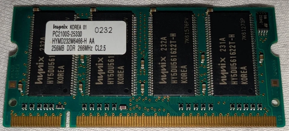 Hynix 256MB SO-DIMM 266MHz CL2.5 DDR Laptop Memory PC2100S-25330 HYMD232M6466-H - Image 1 of 2