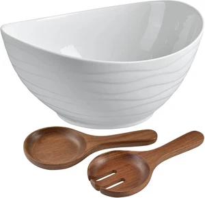 Extra Large Elegant Ceramic Oval Salad Bowl Set with Premium Acacia Wood Utensil - Picture 1 of 12