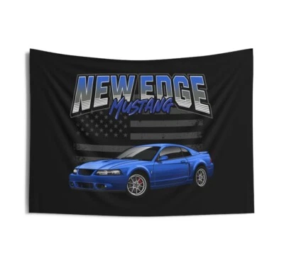 99-04 New Edge Mustang Sonic Blue American Car Black Wall Flag Tapestry - Image 1 of 2
