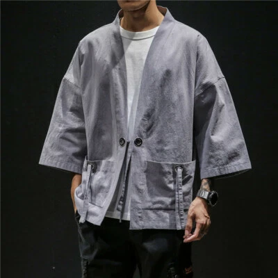 Mens Chinese Kimono Coat Jacket Loose Baggy Pocket Outwear Harajuku Retro Top - Image 1 of 4