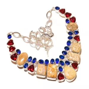 Coral Fossil, Red Apatite, Blue Topaz Cut Gemstone Handmade Statement Necklace - Picture 1 of 4
