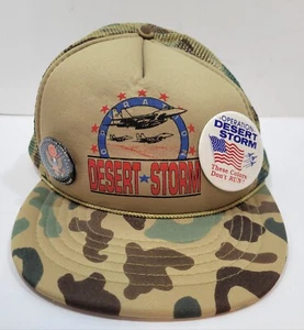 Vintage Operation Desert Storm Cap Hat Camo Mesh Snapback w/Two Pins - Picture 1 of 11