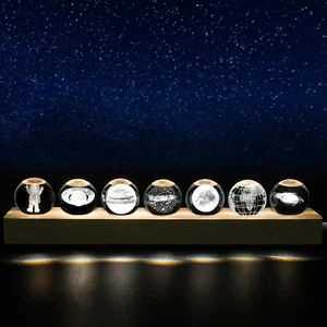 7Pcs Planet Crystal Ball Night Light with LED Wooden Base Solar System Saturn Ga - Picture 1 of 6
