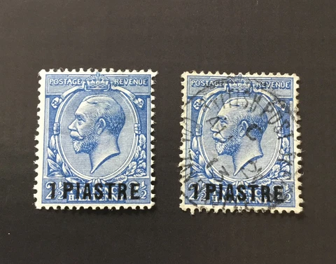 British Levant 1913-14 SG36a 1 Piastre on 2 1/2d Bright Blue Used & MM examples Cover
