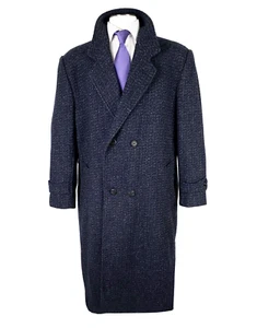 Double Breasted 44R Navy Blue Tweed Overcoat Wool Blend - Picture 1 of 7