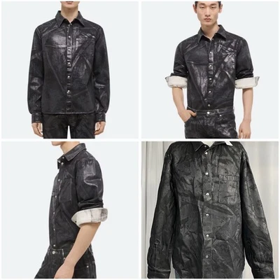 Helmut Lang Black Distress Metal Crash Denim Large Designer Button Up New NWT - Image 1 of 4
