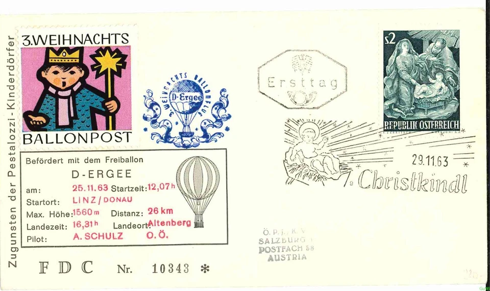Pro Juventute 3. Weihnachts Ballonpost (Christkindl) 1963 - Bild 1 von 1