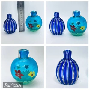 Vintage Murano Glas blau gold gestreift Blumen Parfum Flakons oder Vasen 10 cm - Bild 1 von 24