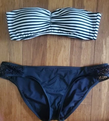 Mossimo bikini strapless striped top black bottom with mesh sides size S - Image 1 of 4