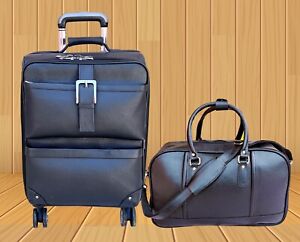 Leather Travel Trolley Suitcase + Duffle Luggage Bag Vacation Plane Train