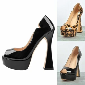 Sexy Zapatos de salón sin cordones para mujer Peep toe con bloque tacones altos de cuero patentado - Imagen 1 de 18