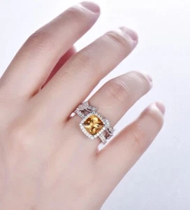 Cushion Cut Natural Citrine Vintage 925 Solid Silver Eternity Wedding Ring Set - Picture 1 of 6