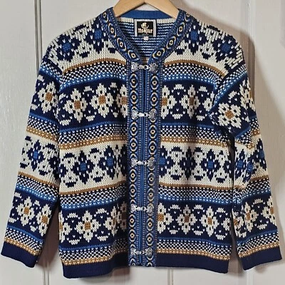 VTG Nesjar Sweater Size 14 Blue Gold Heritage Wool Metal Clasp Cardigan Norway - Image 1 of 4