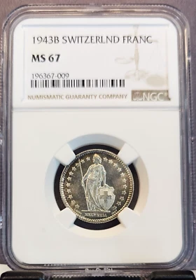 1943 SWITZERLAND SILVER 1 FRANC HELVETIA NGC MS 67 SCARCE BEAUTIFUL GEM BU - Image 1 of 3