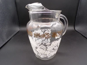 Vintage Glass Bartlett Collins Pitcher w/ Handle/Lip Gold/White Rose Design I24 - Picture 1 of 8