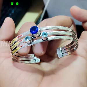 Tanzanite & Blue Topaz Gemstone Bangle Jewelry 925 Sterling Silver Bracelet/H-21 - Picture 1 of 8