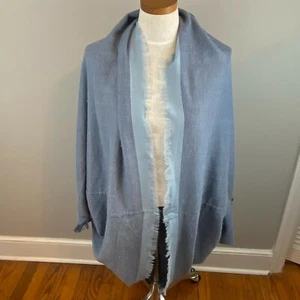 Free People Shawl Womens One Size Pashmina Wrap Shrug Blue Grey Fringe Boho - Picture 1 of 5