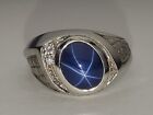 10k Solid White Gold Blue Star Sapphire W Natural Diamond Accents Ring Size 8.75