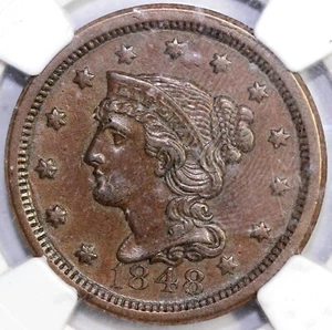 1848 1c N-25 Braided Hair Large Cent NGC AU 58 - Picture 1 of 5