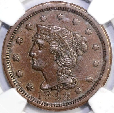 1848 1c N-25 Braided Hair Large Cent NGC AU 58 - Image 1 of 4