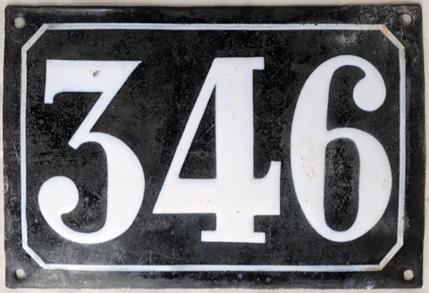 Large old black French house number 346 door gate plate plaque enamel metal sign Cover