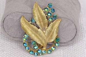 Brushed Gold Tone Leaves Floral Pin Brooch Blue AB Rhinestones - Picture 1 of 4