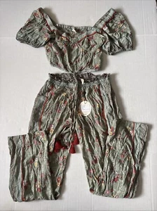 Tulle & Batiste Lounge Set Pants & Crop Top Boho Floral Sage Green Size Small - Picture 1 of 13