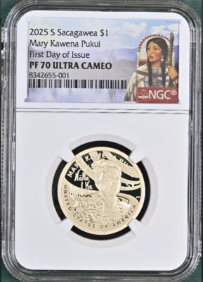 2025 S Proof Sacagawea $1 Mary Kawena Pukui NGC PF 70 Ultra Cameo FDOI - Image 1 of 2