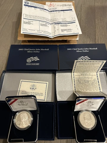 ( 2 ) 2005 John Marshall PROOF Silver DOLLAR w/certificate of Authenticity Cover