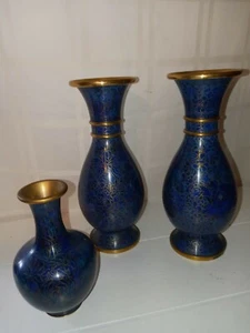 3 Chinese Antique Cloisonne Enamel and Brass vases(2) @10" (1) 6" w/Gold accent - Picture 1 of 11