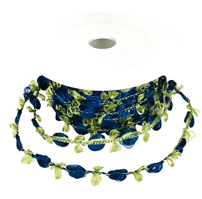 German Ribbon Trim Flat Dark Blue Flowers & Green Leaves 22+ yds x 5/8" Wide - Image 1 of 3