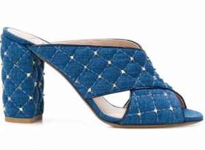 Valentino Rockstud Spike Denim Blue Mule Stud Backless Sandal Open Heel Pump 37 - Picture 1 of 12