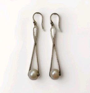 Unusual 925 Silver Earrings Modernist Drop Artisan Handmade Pearl Signed Israel - Picture 1 of 13