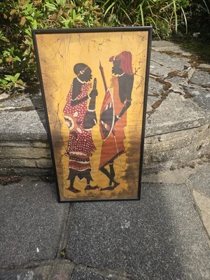 African Batik Artwork Dance Silhouette Fabric Art Handmade Unique Vintage Framed - Image 1 of 4