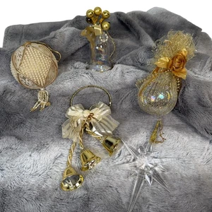 Vintage irisierende Birne Glocken Perlen Kugel Schneeflocke Gold Ornamente Posten - Bild 1 von 22