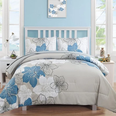 Juego de edredón Luxudecor azul tamaño king, 7 piezas cama en bolsa azul floral com... Foto 1 de 4