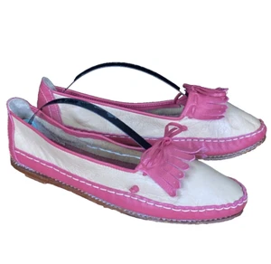 Vintage 1980s pink moccasin style shoes flats slip on genuine leather cream 7.5 - Picture 1 of 12