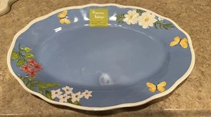 Primel Vintage blau Blumenmuster weiß gerippter Rand ovale Melaminplatte Neu - Bild 1 von 3