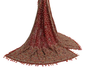 Sushila Vintage Red Heavy Dupatta Net Mesh Hand Beaded Zardozi Long Stole Veil - Picture 1 of 12