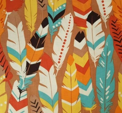 20" Luckie Maude Asbury Blend Fabrics Teal Orange Yellow Large Feathers Brown - Image 1 of 3