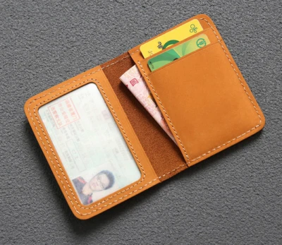 men women wallet purse cow Leather driver license ID bifold Card bag yellow H739 - Image 1 of 3