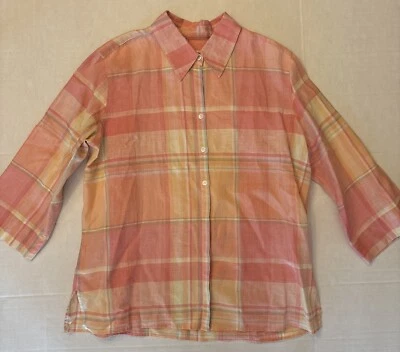 复古 Liz Claiborne 女式亚麻纽扣格子衬衫粉色桃色 L 码 — 第 1/4 张图片
