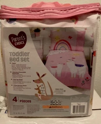 Brand New Parent's Choice 4-Piece Toddler Bedding Set, Pink, Llama Rainbow Theme - Image 1 of 4