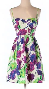 Moda Size 2 Cotton Pleat Wired Fit Flare Sweetheart Floral Green Purple Dress - Picture 1 of 3