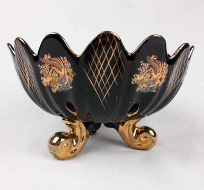 Frutero asiático decorativo de colección flor de pavo real negro detalles dorados dorados Foto 1 de 4