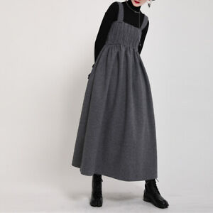 Womens Oversize Loose Wool Blend Overall Suspender Dress Maxi Fashion Gown