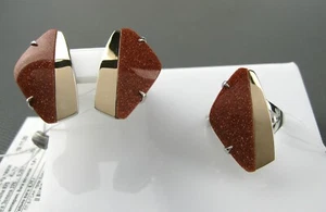 New set Earrings Ring SILVER 875 Gold 375 Aventurine stones Ukraine with labels! - Picture 1 of 12